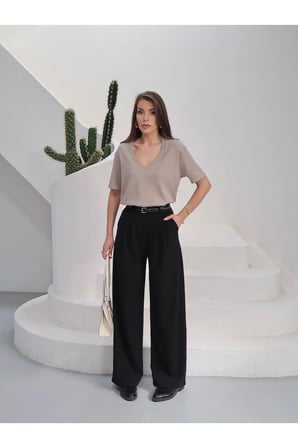 Kadın Massi İnterlok Kumaş V Yaka Oversize T-Shirt