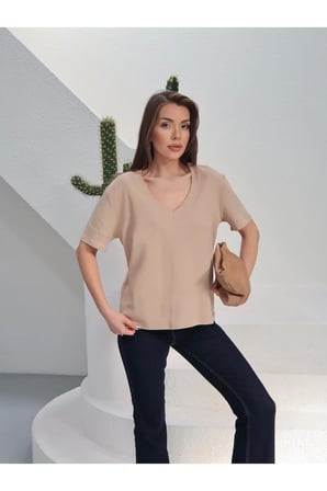 Kadın Massi İnterlok Kumaş V Yaka Oversize T-Shirt