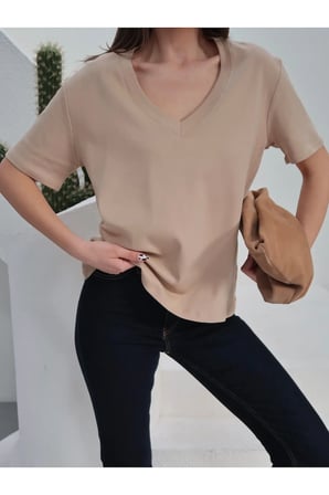 Kadın Massi İnterlok Kumaş V Yaka Oversize T-Shirt