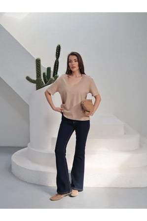 Kadın Massi İnterlok Kumaş V Yaka Oversize T-Shirt