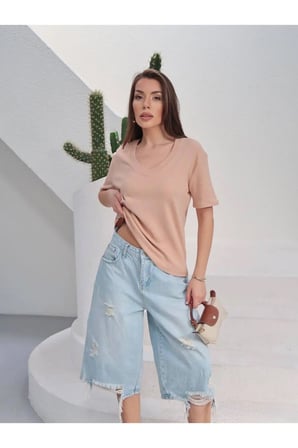 Kadın Massi İnterlok Kumaş V Yaka Oversize T-Shirt