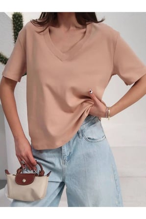 Kadın Massi İnterlok Kumaş V Yaka Oversize T-Shirt
