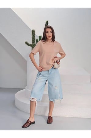 Kadın Massi İnterlok Kumaş V Yaka Oversize T-Shirt
