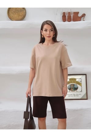 Kadın Mia İnterlok Kumaş Bisiklet Yaka Oversize T-Shirt