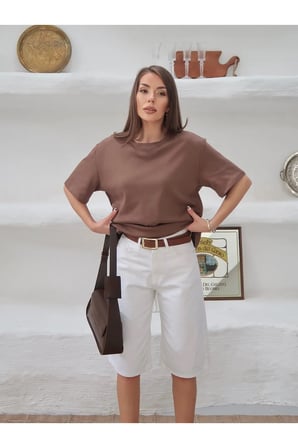 Kadın Mia İnterlok Kumaş Bisiklet Yaka Oversize T-Shirt