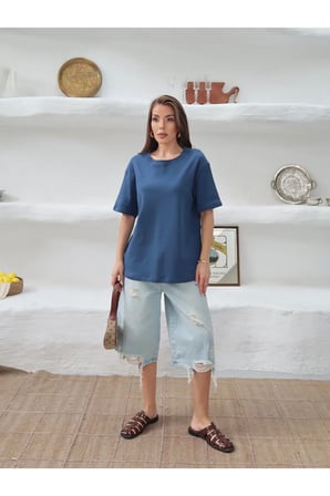 Kadın Mia İnterlok Kumaş Bisiklet Yaka Oversize T-Shirt