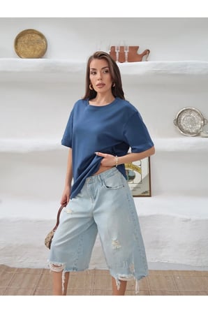 Kadın Mia İnterlok Kumaş Bisiklet Yaka Oversize T-Shirt
