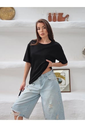 Kadın Mia İnterlok Kumaş Bisiklet Yaka Oversize T-Shirt