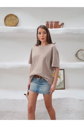 Kadın Mia İnterlok Kumaş Bisiklet Yaka Oversize T-Shirt