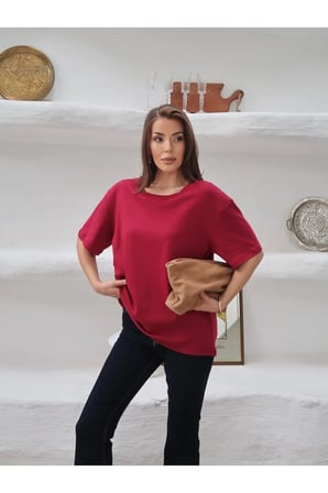 Kadın Mia İnterlok Kumaş Bisiklet Yaka Oversize T-Shirt