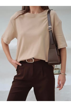 Kadın Mia İnterlok Kumaş Bisiklet Yaka Oversize T-Shirt