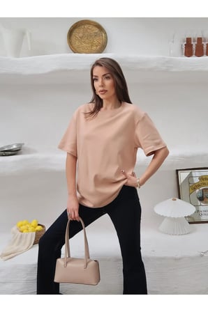 Kadın Mia İnterlok Kumaş Bisiklet Yaka Oversize T-Shirt