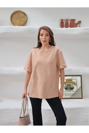 Kadın Mia İnterlok Kumaş Bisiklet Yaka Oversize T-Shirt