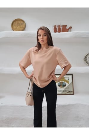 Kadın Mia İnterlok Kumaş Bisiklet Yaka Oversize T-Shirt