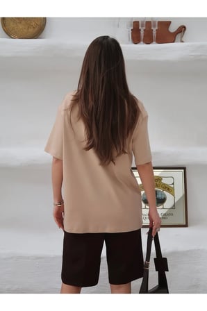 Kadın Mia İnterlok Kumaş Bisiklet Yaka Oversize T-Shirt