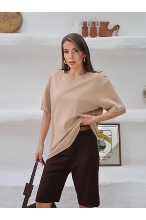 Kadın Mia İnterlok Kumaş Bisiklet Yaka Oversize T-Shirt