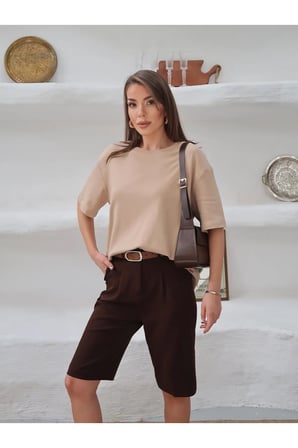 Kadın Mia İnterlok Kumaş Bisiklet Yaka Oversize T-Shirt