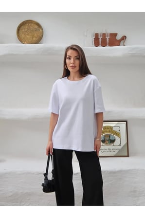 Kadın Mia İnterlok Kumaş Bisiklet Yaka Oversize T-Shirt