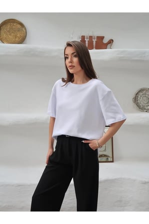 Kadın Mia İnterlok Kumaş Bisiklet Yaka Oversize T-Shirt