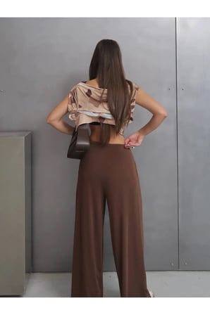 Kadın Ann İthal Beliza Kumaş Ön Pileli Bol Paça Cepli Yüksek Bel Pantolon