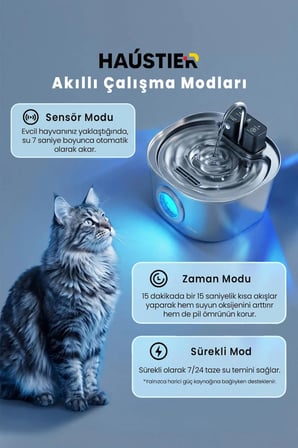 PWL010 Bataryalı  Otomatik Kablosuz Kedi Su Pınarı, Sensörlü, Ultra Sessiz, Çelik , 3.2Lt Hazne