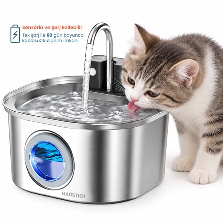 PWL010 Bataryalı  Otomatik Kablosuz Kedi Su Pınarı, Sensörlü, Ultra Sessiz, Çelik , 3.2Lt Hazne