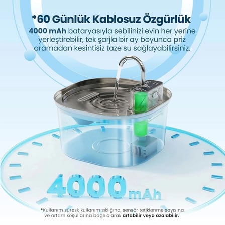 PWL010 Bataryalı  Otomatik Kablosuz Kedi Su Pınarı, Sensörlü, Ultra Sessiz, Çelik , 3.2Lt Hazne