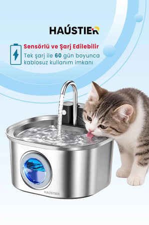 PWL010 Bataryalı  Otomatik Kablosuz Kedi Su Pınarı, Sensörlü, Ultra Sessiz, Çelik , 3.2Lt Hazne