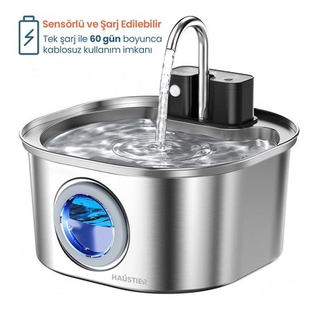 PWL010 Otomatik Kablosuz Kedi Su Pınarı, Sensörlü , Bataryalı , Ultra Sessiz, Çelik , 3.2Lt Hazne