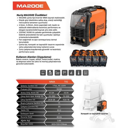 Nuriş MA200E İnverter Kaynak Makinesi 200A + 1 Paket 2.5mm Elektrot