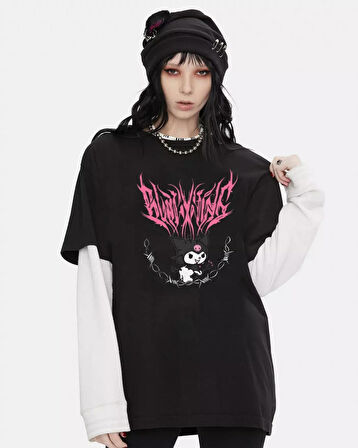 Kuromi Gothic E-girl Kuromi Baskılı Siyah Oversize