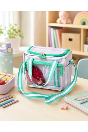 Çocuk Termal Okul Beslenme Çantası | Şeffaf Cepli Peluş Aksesuarlı Omuz Askılı Lunch Bag