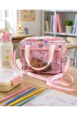 Çocuk Termal Okul Beslenme Çantası | Şeffaf Cepli Peluş Aksesuarlı Omuz Askılı Lunch Bag
