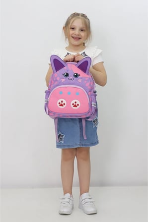 Anaokulu Kız Çocuk Sırt Çantası Sevimli Kedi Figürlü Mor Pembe Desenli