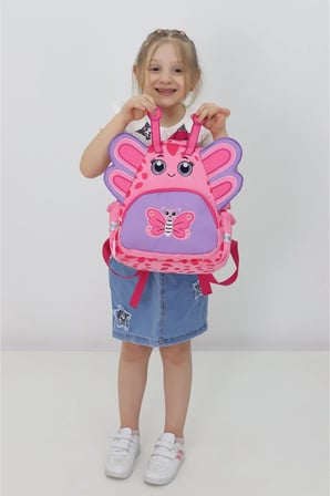 Kız Çocuk Anaokulu Sırt Çantası Sevimli Kelebek Figürlü Pembe Mor Desenli