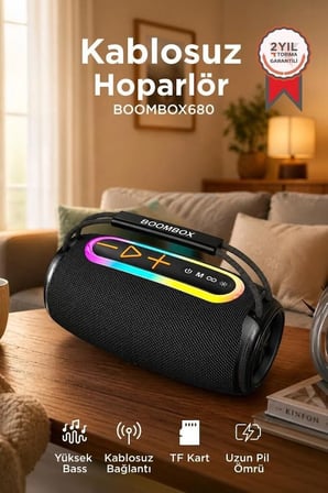 Özel Üretim Seyyar Kolon Kamp Aleti Dis Mekan Bluetooth Hoparlör 30W BOOMBOX680 Siyah IPX6