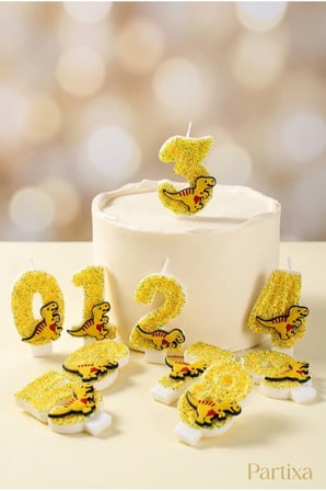 Dinozor Figürlü Sarı Simli Rakam Mum Doğum Günü Pasta Süsü