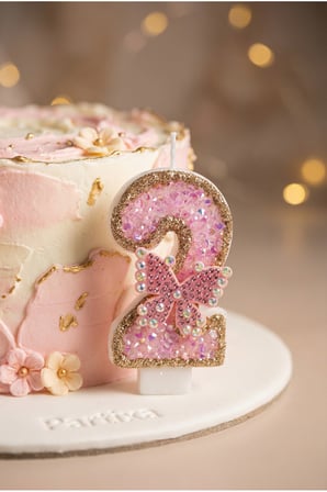 Pembe Taşlı Kelebekli Rakam Mum Doğum Günü Pasta Süsü