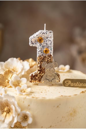 Ayıcık Figürlü Beyaz-Gold Simli Rakam Mum Doğum Günü Pasta Süsü