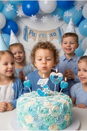 Kar Tanesi Detaylı Mavi Kalp ve Beyaz-Mavi Simli Rakam Mum Seti Doğum Günü Pasta Süsü