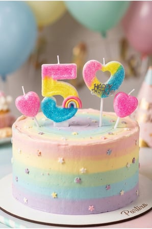 Gökkuşağı Detaylı Pembe Kalp ve Şeker Renkli Simli Rakam Mum Seti Doğum Günü Pasta Süsü