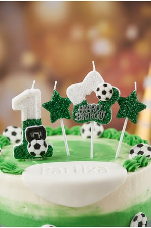 Yeşil Simli Yıldız ve Futbol Topu Detaylı Beyaz-Yeşil Simli Rakam Mum Seti Doğum Günü Pasta Süsü