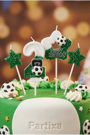 Yeşil Simli Yıldız ve Futbol Topu Detaylı Beyaz-Yeşil Simli Rakam Mum Seti Doğum Günü Pasta Süsü