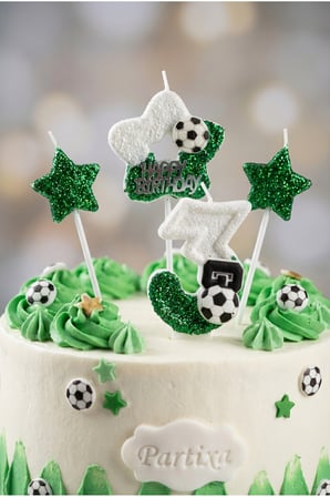 Yeşil Simli Yıldız ve Futbol Topu Detaylı Beyaz-Yeşil Simli Rakam Mum Seti Doğum Günü Pasta Süsü