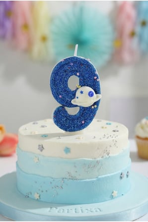 Gezegen Detaylı Simli Mavi Rakam Mum Doğum Günü Pasta Süsü