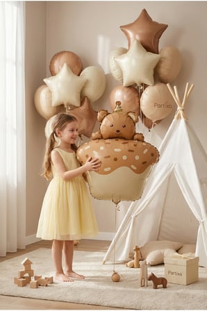 Ayıcık Figürlü Kahverengi Retro Cupcake Folyo Balon Baby Shower Doğum Günü Parti Süsü