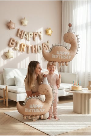 Happy Birthday Retro Açık Kahverengi Dinozor Temalı Folyo Balon Çocuk Doğum Günü Parti Süsü