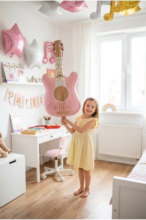 Retro Mat Pembe Gitar Folyo Balon 46x89 cm Müzik Temalı Doğum Günü Parti Süsü