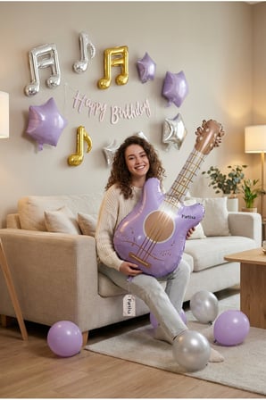 Retro Mat Lila Gitar Folyo Balon 46x89 cm Müzik Temalı Doğum Günü Parti Süsü