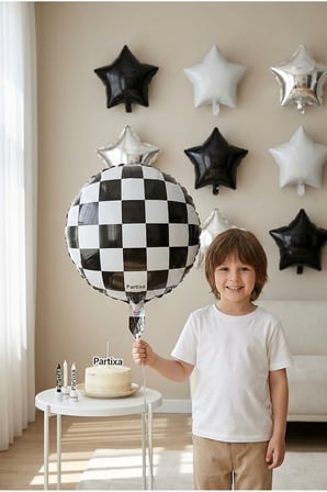 Siyah Beyaz Dama Desenli Yuvarlak Folyo Balon 18 inç Parti Süsü